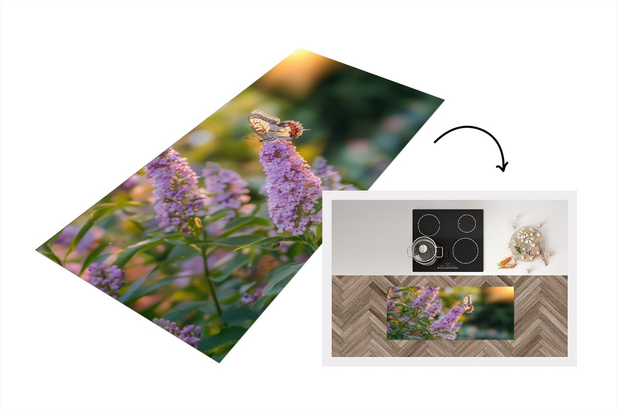 KitchenYeah Keukenloper 120x50 cm - Keukenmat vinyl Sierlijke - Vlinder - Paarse - Bloemen - Keukenmatten loper - Keuken vloerkleed tapijt Vlinder - Bloemen