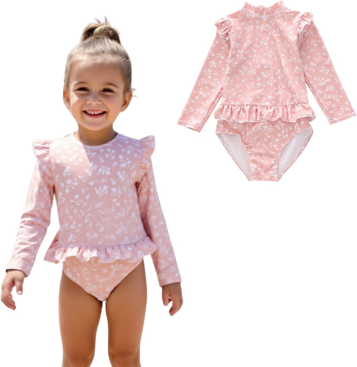 Joya Kids® Badpak Lange Mouw Oud Roze met Bloemen print met Ruches Meisjes | Zwempak met ruches UV Badpak Roze Gebloemd | Zwempak Lange Mouw UV Bescherming | Meisje Bikini Zomer | Kinderbadpak Peuter | Maat M | 3-4 Jaar