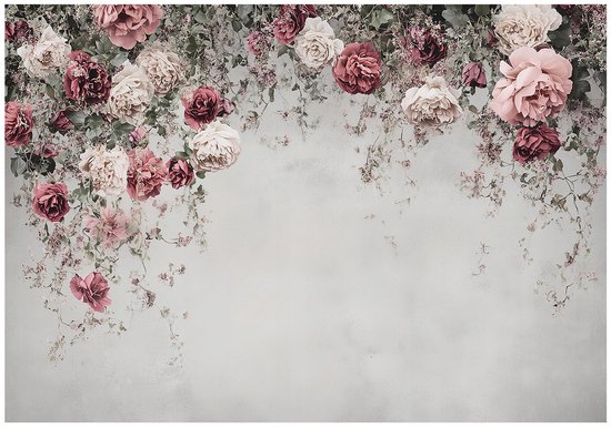 WALLARENA - Fotobehang - 150x105 cm - bloemen, rozen, beton, slaapkamer, woonkamer, vliesbehang