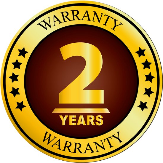 Gouden cirkel met '2 Years Warranty' in het midden en sterren aan de zijkanten.