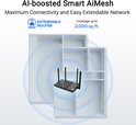 Zwarte router met vier antennes wordt weergegeven binnen een huis met een dekkingsgebied van 2000 vierkante voet. "AI-boosted Smart AiMesh"