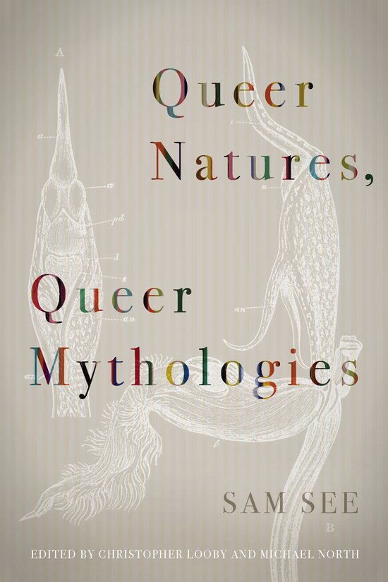 Boekcover met de titel "Queer Natures, Queer Mythologies" in kleurrijke letters op een beige achtergrond met schematische tekeningen.