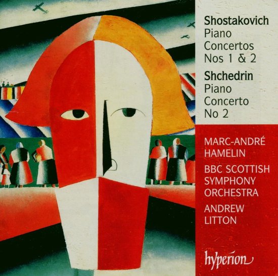 Abstracte cover met rood en wit, met tekst "Shostakovich Piano Concertos Nos 1 & 2 Shchedrin Piano Concerto No 2 Marc-André Hamelin BBC Scottish Symphony Orchestra Andrew Litton Hyperion"