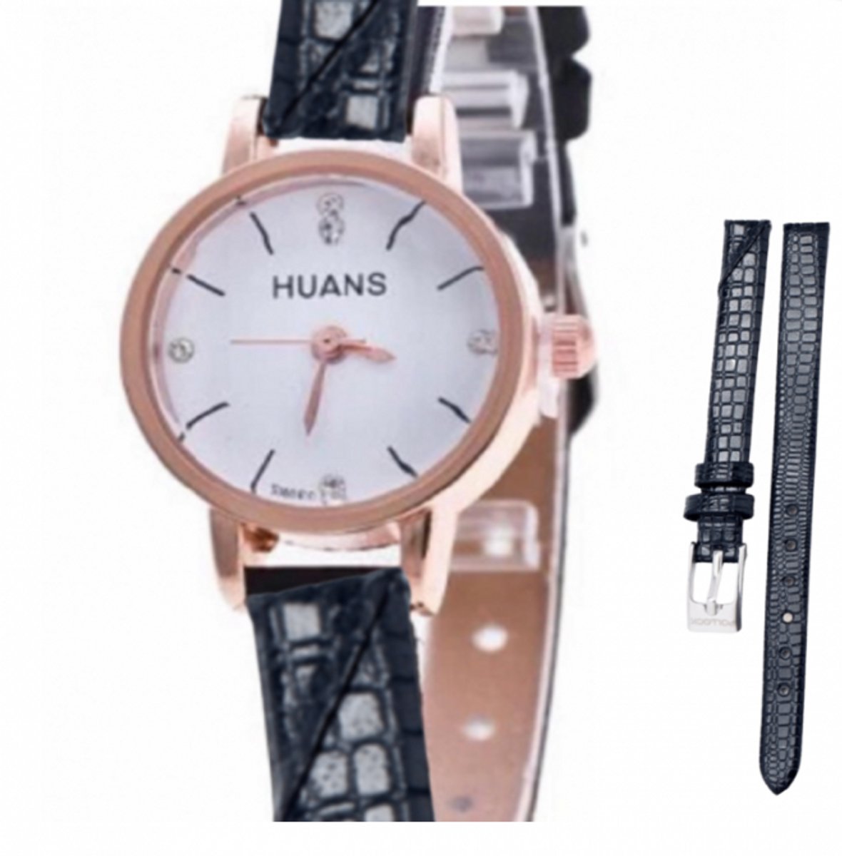 Horloge- Huans- Zwart- Leer- Smalle pols-Krokodillenlook-22.5 mm - Charme Bijoux