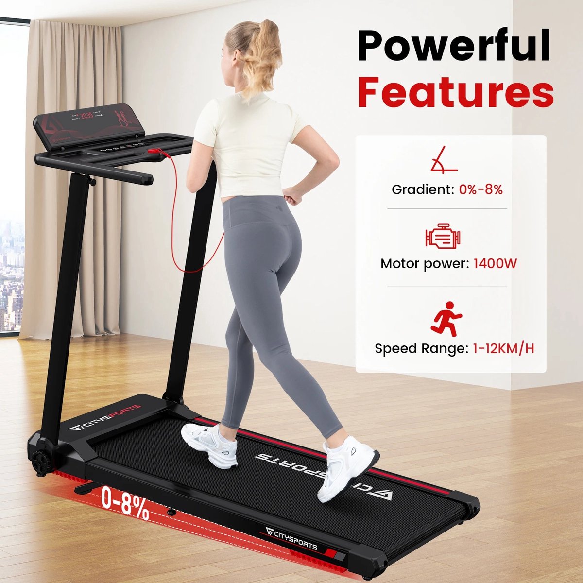 Afbeelding 2 van CitySports Loopband Met 8% Hellingfunctie - Inklapbaar - 1-12km/u - Incl. afstandsbediening en Tablethouder - Wandelband - Walking Pad - Opvouwbare Loopband - Walkingpad - Treadmill - Loopband Elektrisch