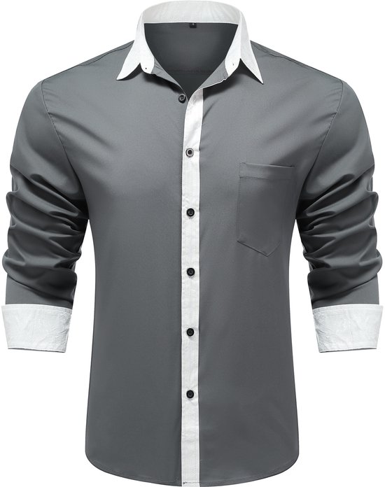 Allthemen Heren Geborduurd Overhemd Lange Mouwen - Losse Fit Kraag Casual Shirt - 3XL