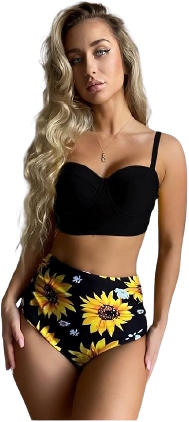 Bikini Dames 2-delig – Zonnebloem Print – High Waist – Zwart – Trendy Set