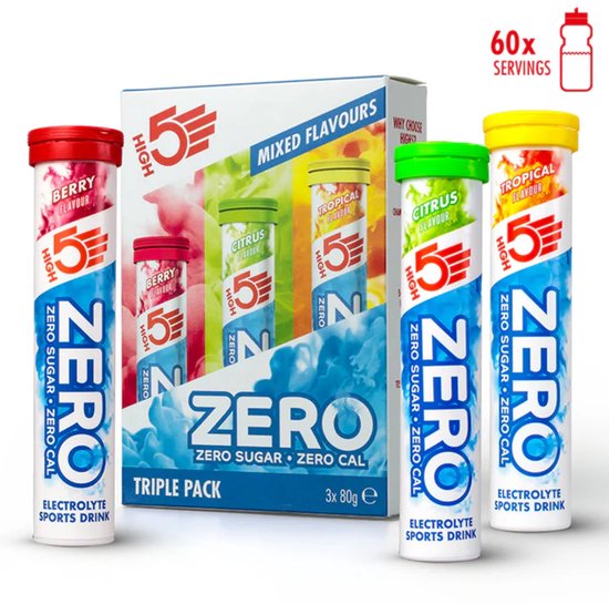 Een HIGH5 "Mixed Flavours" triple pack doos met 3 ZERO electrolyte drink tubes: Berry, Citrus en Tropical.