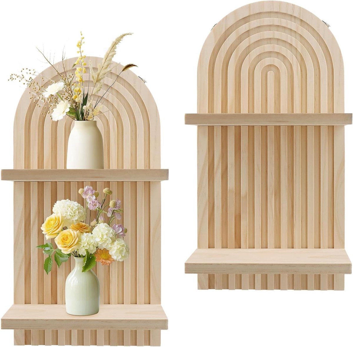 Inovra Plus - Zwevende planken voor wanddecoratie in boogstijl, set van 2 - Houten planken voor woonkamer en badkamer - Decoratieve hangplanken - 40 x 20 x 11 cm