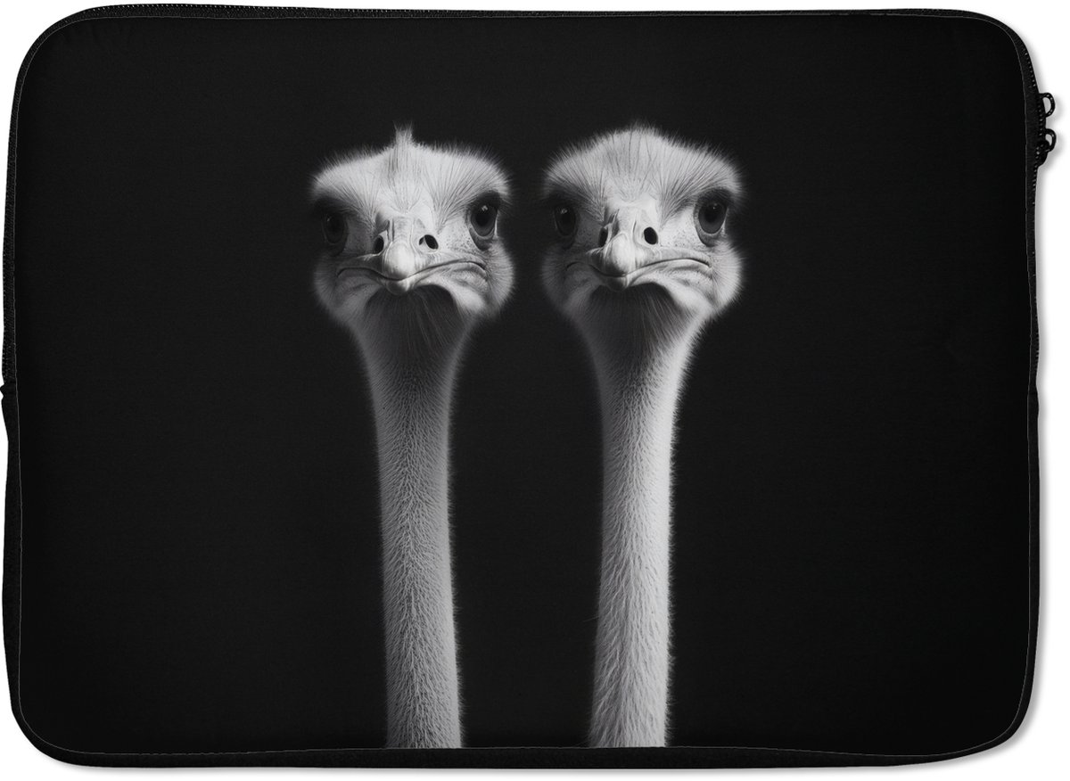 Laptophoes 13 inch - Struisvogels - Halzen - Zwart - Minimalistisch - Laptop sleeve - Binnenmaat 32x22,5 cm - Zwarte achterkant