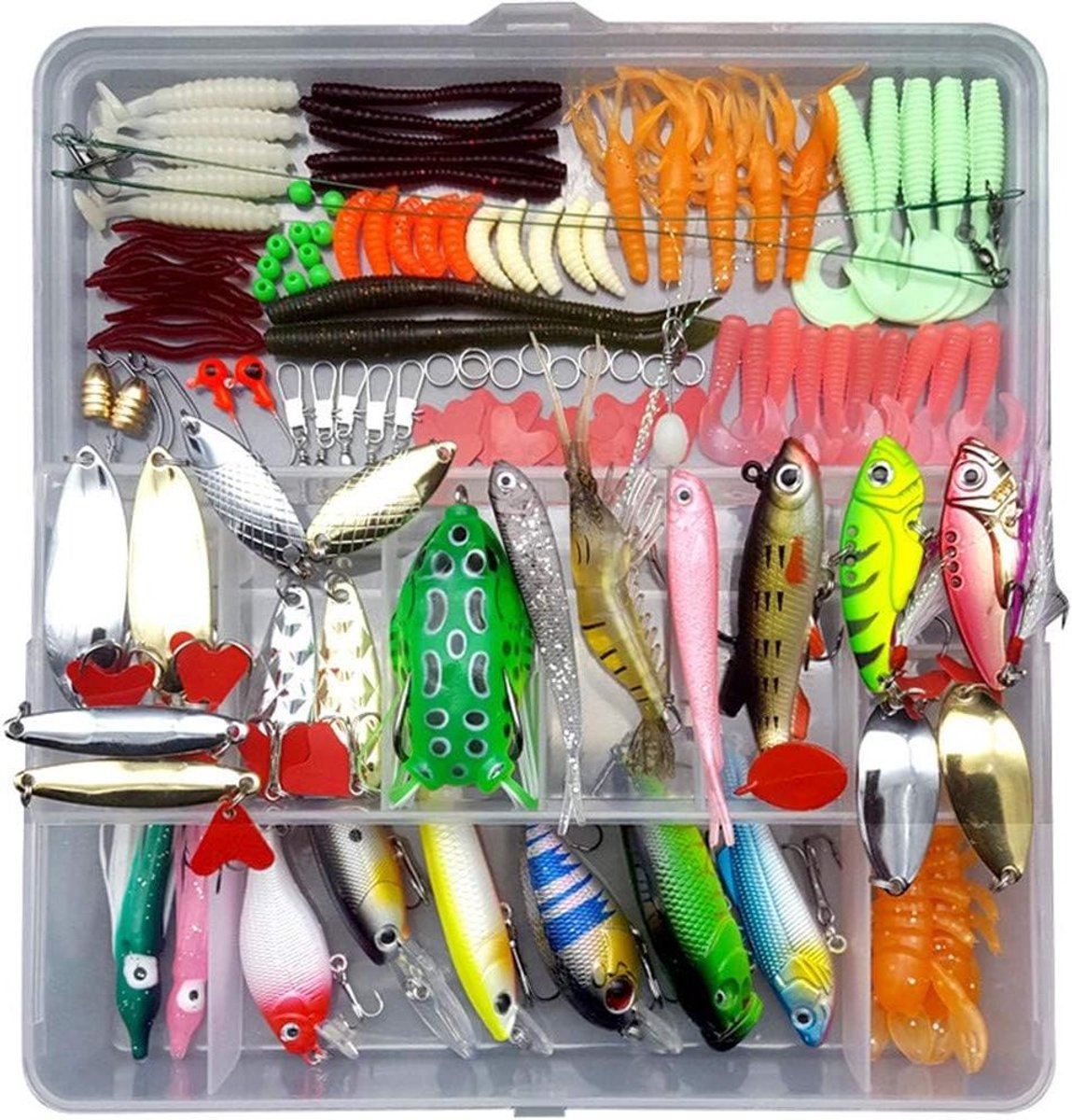 Inovra Plus - Gemengd kunstaas set met doos voor vissers - Spinneraas, hard aas, plastic wormen, kikkers - Inclusief enkele haken, wartels, tangen - Complete visuitrusting