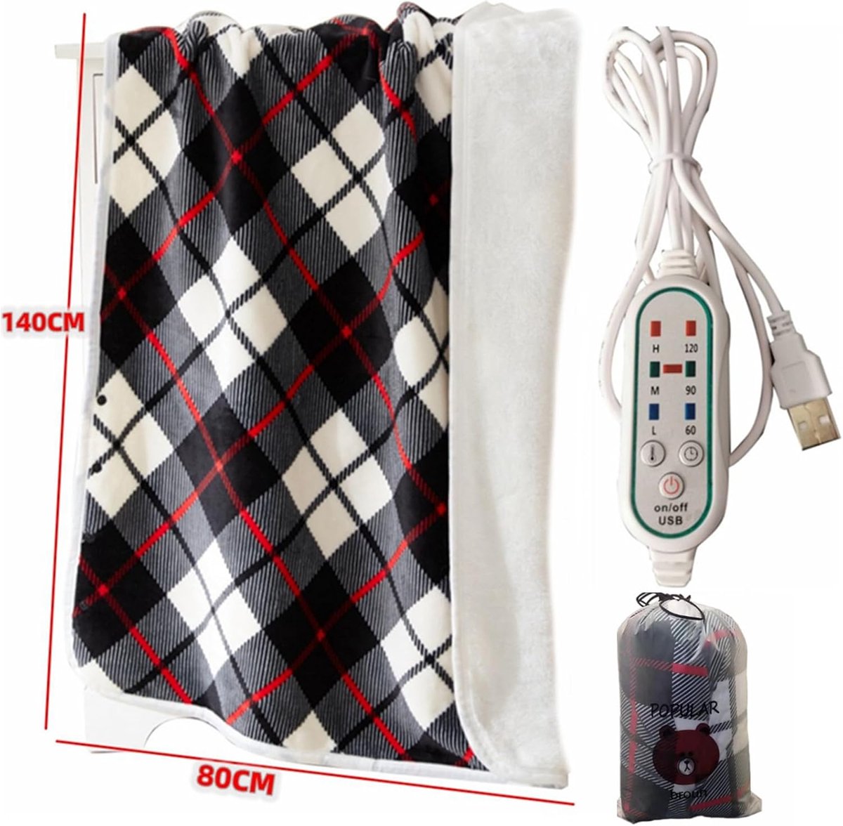 Afbeelding 2 van Verwarmde sjaaldeken - 140 x 79 cm - USB-verwarmde elektrische deken - met automatische uitschakeling - machinewasbare beenwarmdeken - voor auto en kantoorstoel