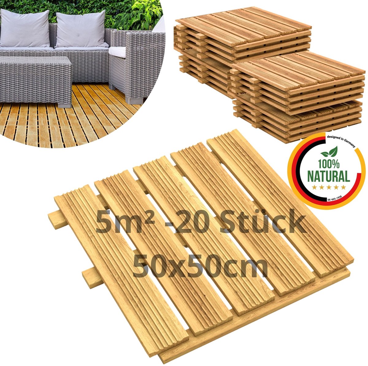 Floranica Houten Tegel Terrastegel Massief Larikshout 50 x 50 cm 20 stuks / 5 m² Natuur Balkontegel Fijn geribbeld Vloerbedekking met drainage Balkonvloer voor buiten