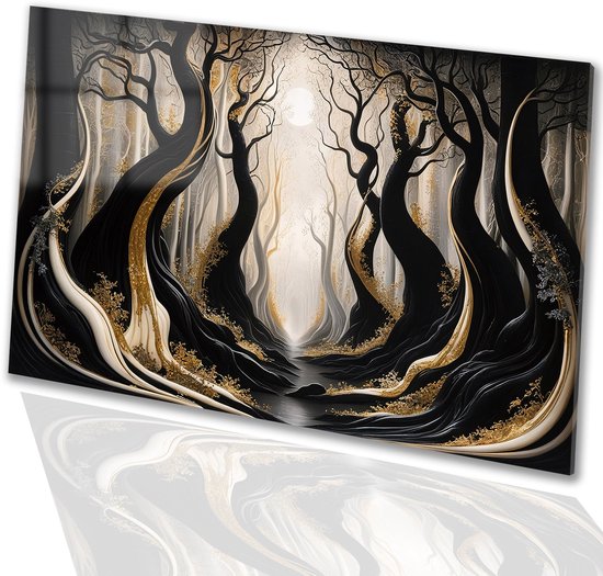 Mystiek bos met gouden bomen - Bos glasschilderij - Kunst bomen - Surrealistisch - Schilderij op acrylglas - Muurdecoratie landelijk - acrylglas 45x30 cm
