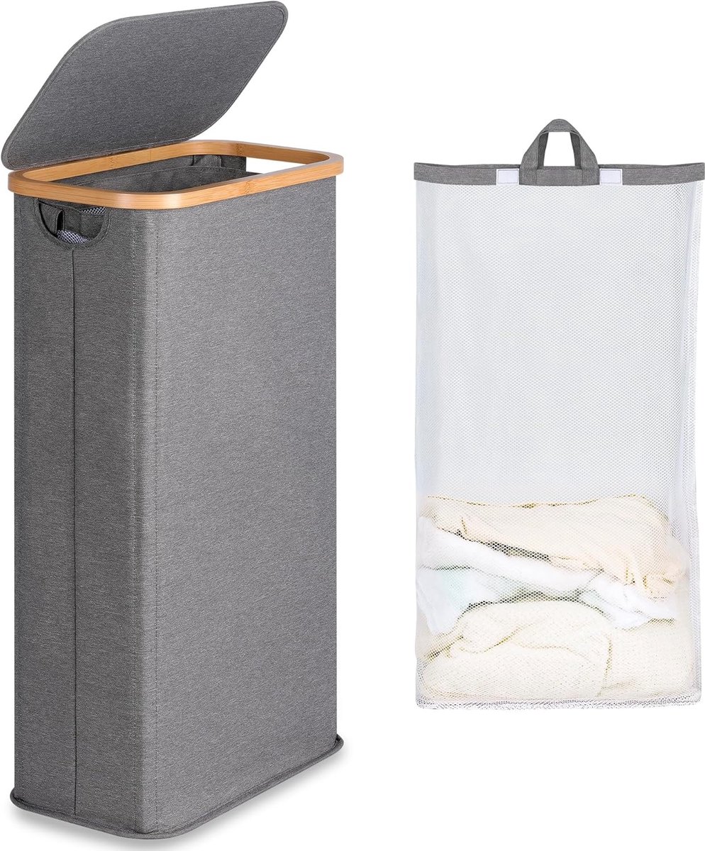 Smal wasmand met deksel - 63 liter - grijs - opvouwbaar - bamboe handgrepen