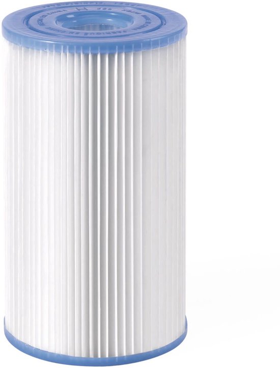 Witte zwembadfiltercartridge met blauwe uiteinden.