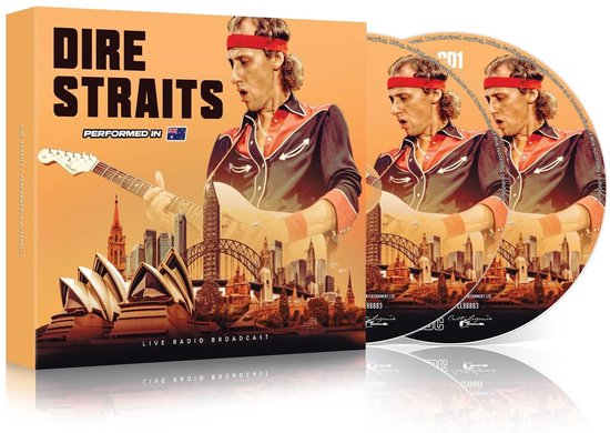 Dire Straits - Live Radio Broadcast CD-hoes met zanger Mark Knopfler met rode band en gitaar voor een Sydney-silhouet. Twee cd's met dezelfde hoesafbeelding.