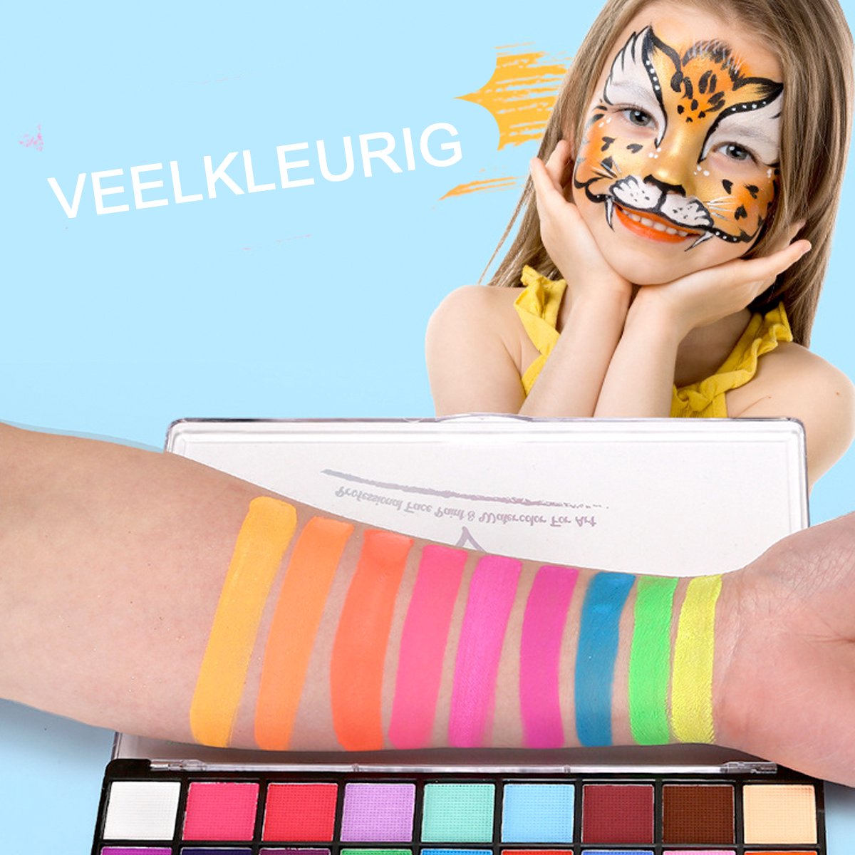 Suntac Professionele Schminkset - 54 Kleuren - Waterbasis - Incl. 10 Penselen & Sjablonen - Hét Ideale Festival & Feest Cadeau - Veilig voor Kinderen & Volwassenen — afbeelding 4