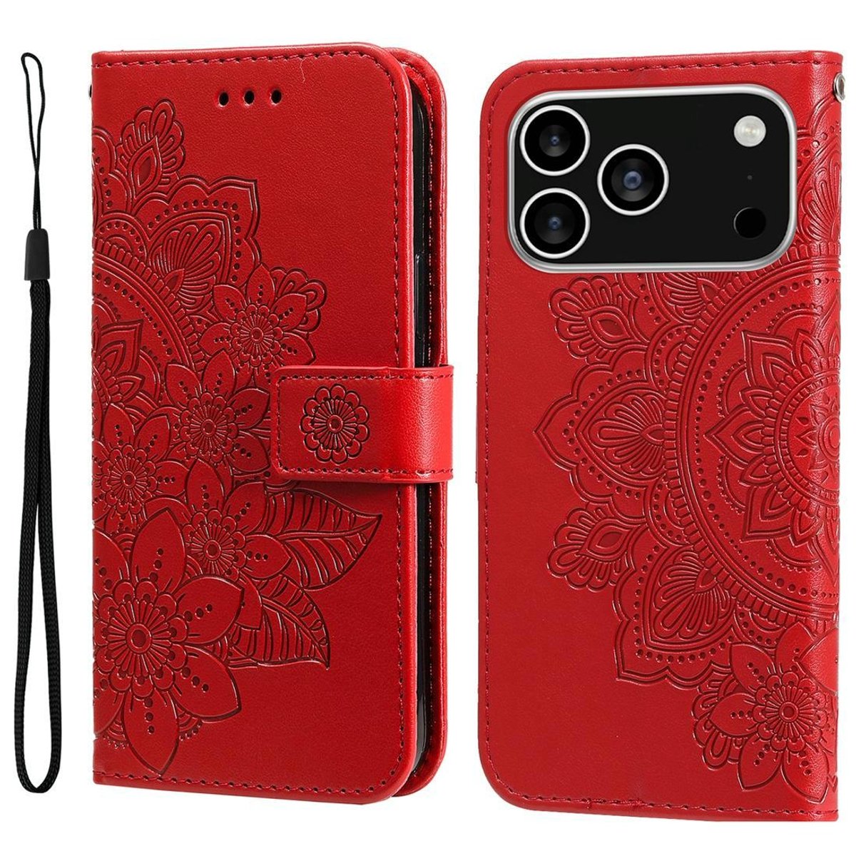 Mobigear Telefoonhoesje geschikt voor Apple iPhone 17 Pro Hoesje | Mobigear Flowers Bookcase Portemonnee | Pasjeshouder voor 3 Pasjes | Telefoonhoesje voor Pinpas / OV Kaart / Rijbewijs - Rood