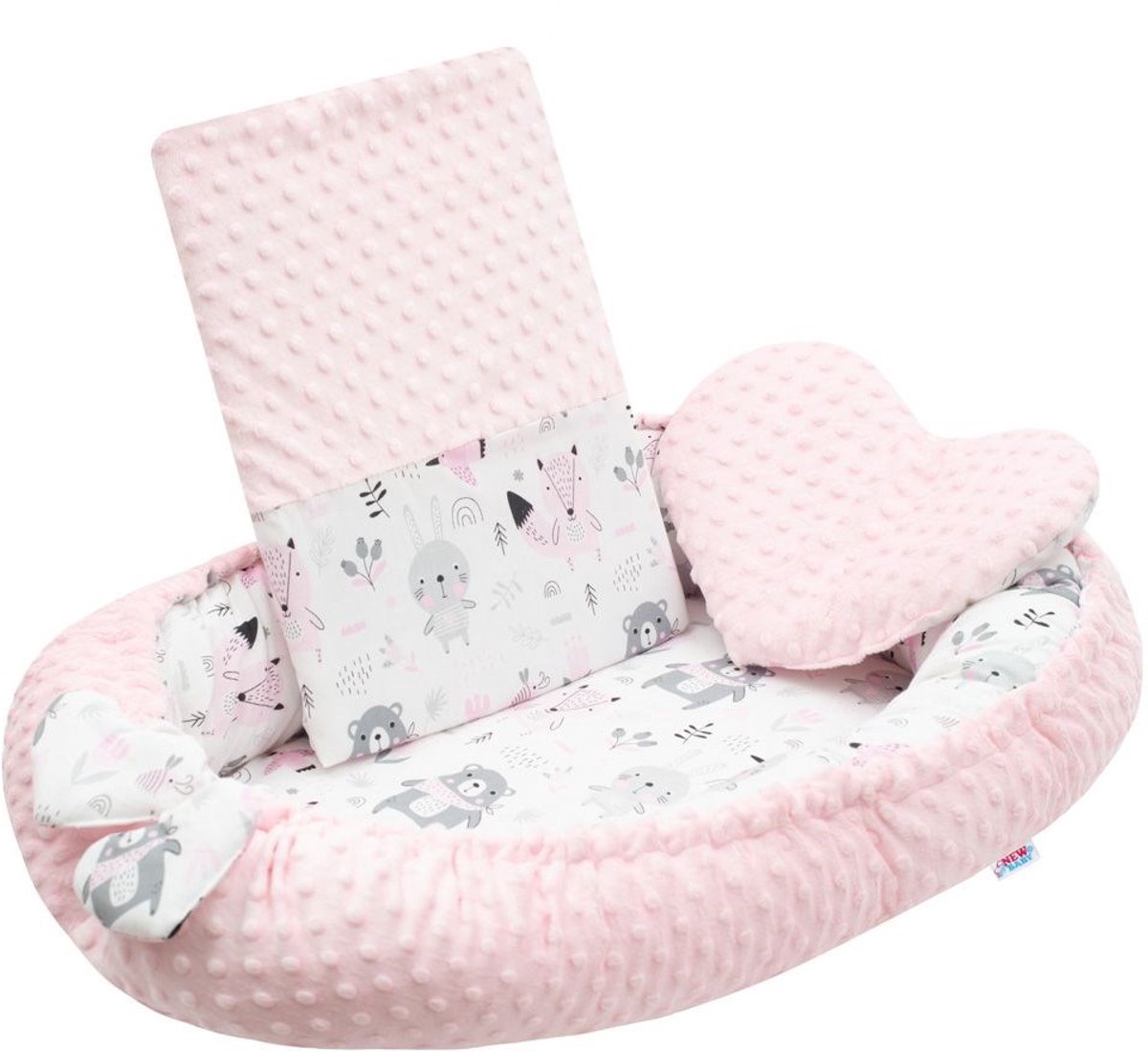 NEW BABY - Babynestje - Roze nestje met kussen en deken van Minky en katoen - babybedje - wieg - kinderwagen - slaapnest - anti-allergie - nest
