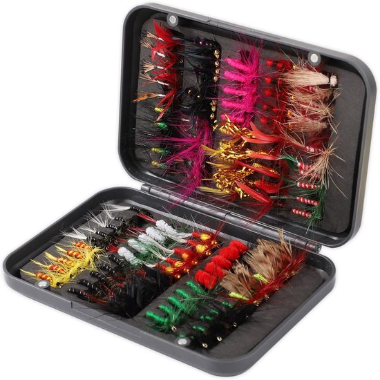 100 Stuks Vliegvisset - Vliegvisassortiment met Opbergdoos - Natte Droge Vliegen Nimfen Streamer - Forel Baars Zalm Vliegvissen Accessories