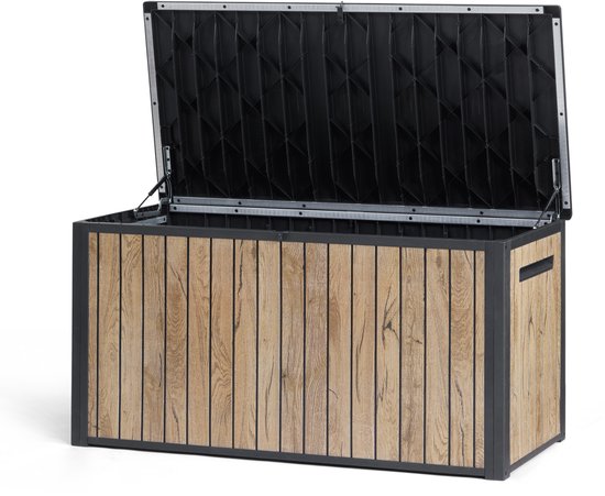 Grote houten opbergbox met open deksel.