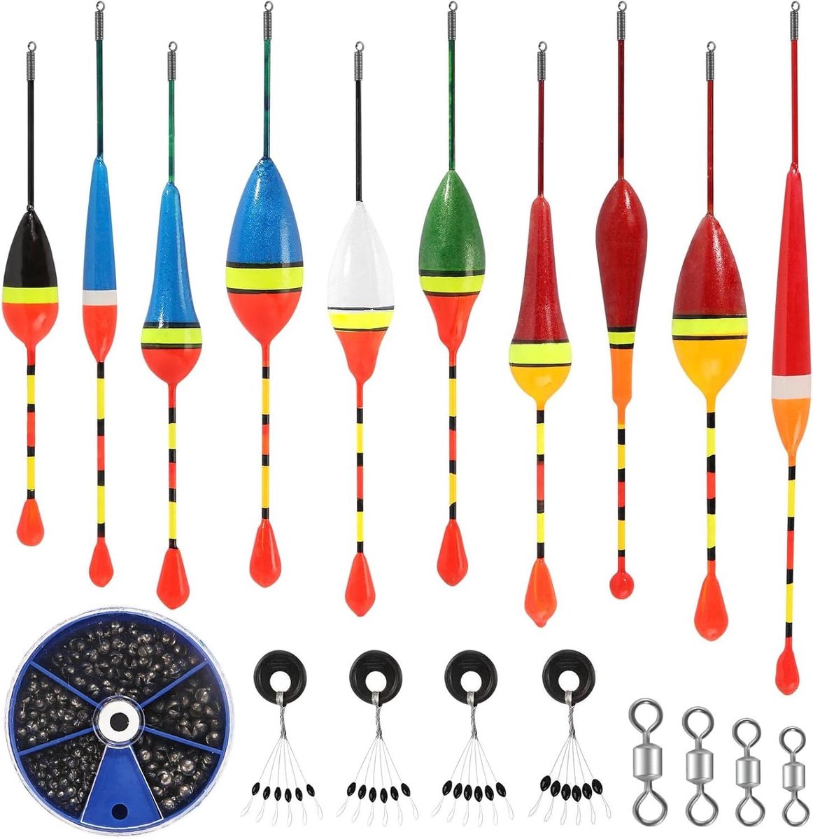 Allecto Plus - Dobberhengelset met 10 stuks zwemmervissen en 4 stuks rubberen stoppers - Ideaal voor vissen in meren - Inclusief 205 stuks loodschroot