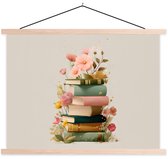 Posterhanger incl. Poster 150x113 cm - Schoolplaat - Boeken - Stapel - Bloemen - Kleurrijk - Textielposter - Blanke latten