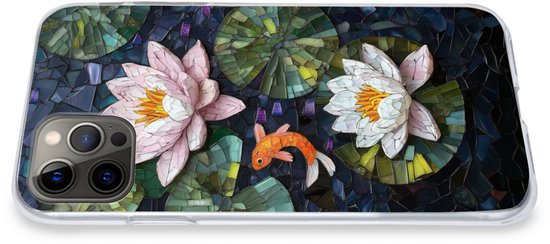 Telefoonhoesje Geschikt voor iPhone 12 Pro hoesje - Glasstukjes - Leliebladeren - Vis - Oranje - Siliconen Telefoonhoesje Telefoonhoesje