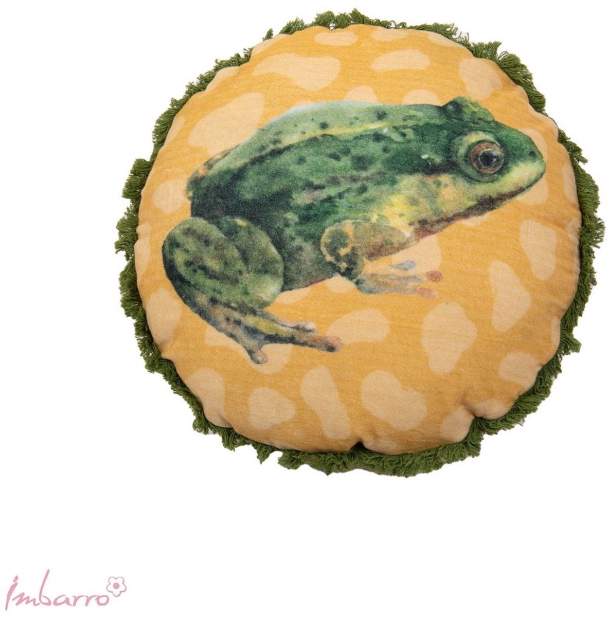 Imbarro Home & Fashion rond Velours kussen Green Frog 45 cm Groen met geel Uit de serie Lovely Botanics