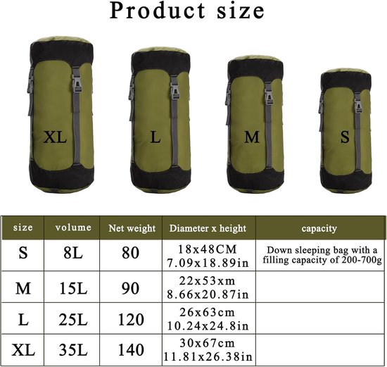 Draagtas voor Slaapzak (Groen, L) - Slaapzak Hoes - Slaapzak compressie bag - Waterafstotend en ultralicht - voor Kamperen, Camping, Backpacken, Hiken, Festivals, Logeren, Buitenhuis - Ruimtebesparende uitrusting van Merkloos — afbeelding 2
