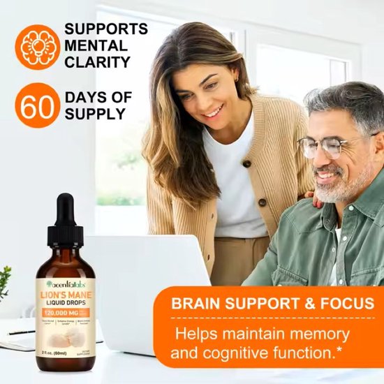 Man en vrouw kijken naar laptop. Flesje Lion's Mane Liquid Drops. 60 dagen voorraad. Ondersteunt mentale helderheid, geheugen en cognitie.