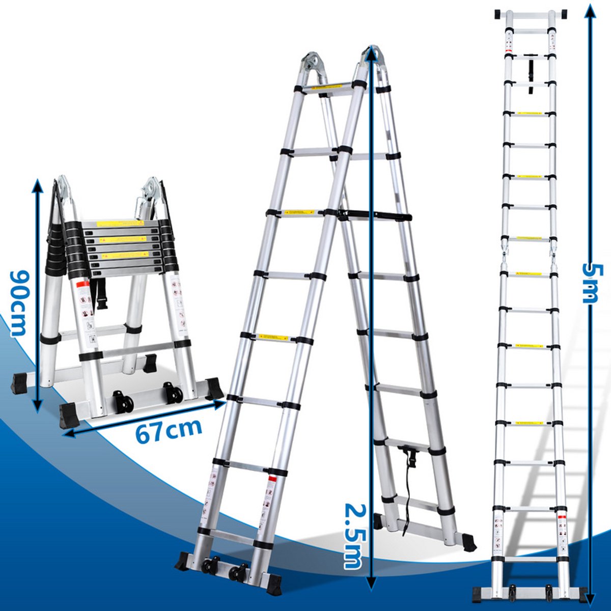 Telescopische Vouwladder - Telescopische Ladders - Soft Close - Werkhoogte 2,5m+2,5 m -zilver met stabilisator + wielen – foto 3