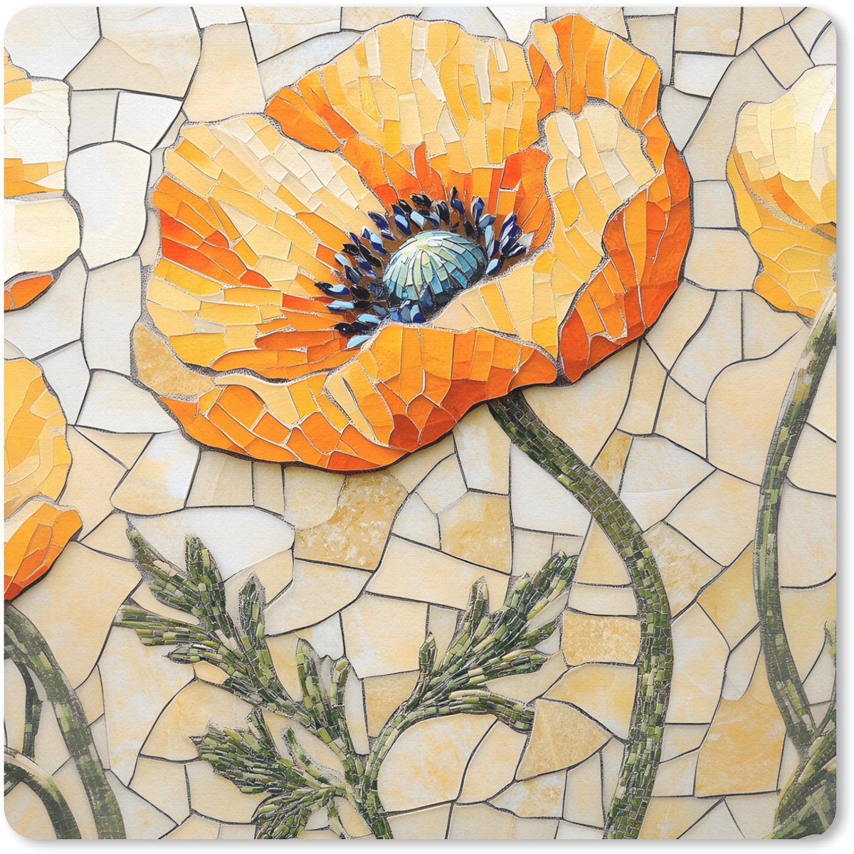 Muismat 30x30 cm - Mousepad Klaprozen - Oranje - Mozaïek - Bladeren - Muismatten