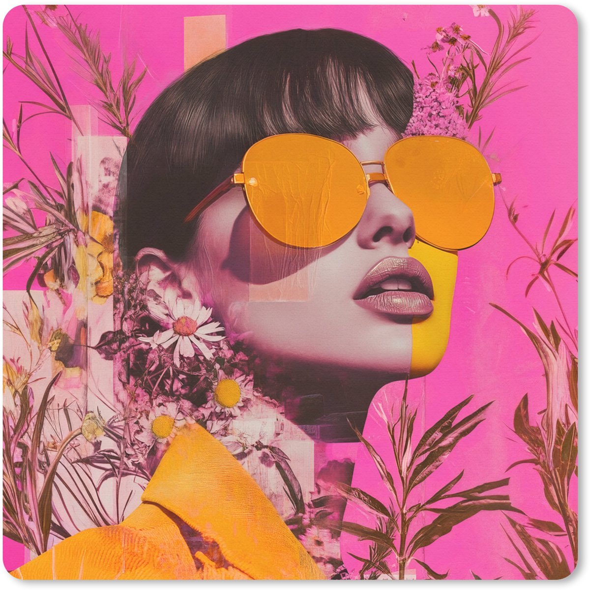 Muismat 20x20 cm - Mousepad Zonnebril - Oranje - Vrouw - Planten - Muismatten