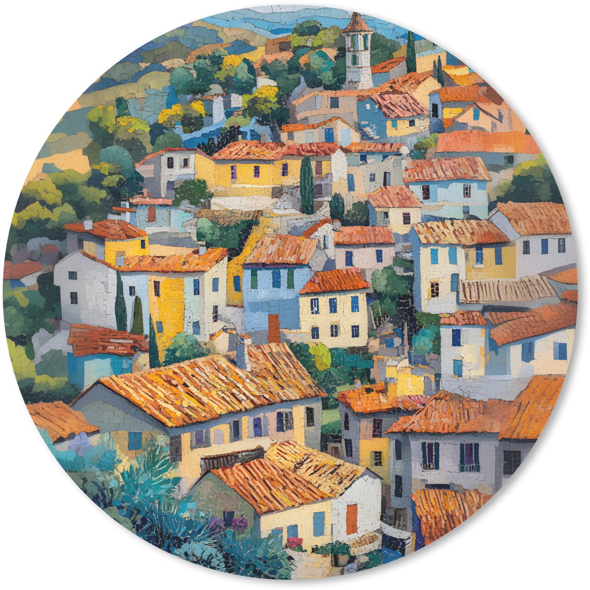 Muismat rond 20x20 cm - Mousepad Dorp - Heuvels - Landschap - Bomen - Ronde muismatten