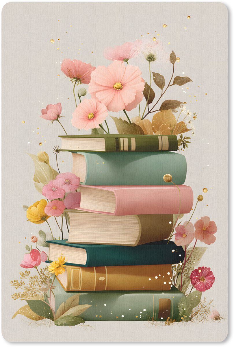 Muismat 18x27 cm - Mousepad Boeken - Stapel - Bloemen - Kleurrijk - Muismatten