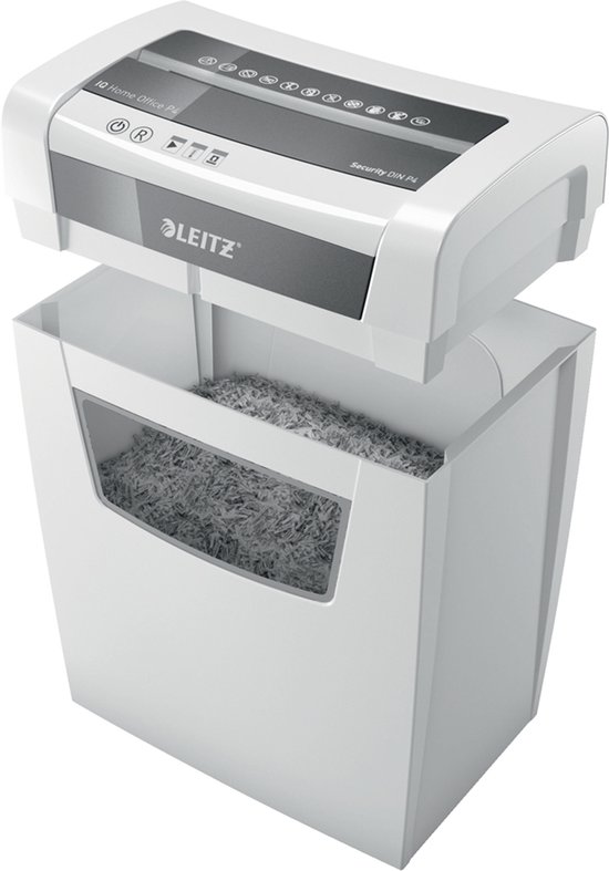 Witte Leitz IQ Home Office P4 papierversnipperaar boven een volle snipperbak, met het deksel eraf.