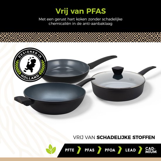 Drie pannen, waaronder een wok en een hapjespan met deksel, met de tekst 'Vrij van PFAS' en iconen.