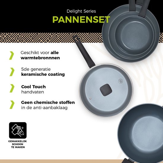 Pannenset in donkergrijs met zwarte handvatten. Geschikt voor alle warmtebronnen.