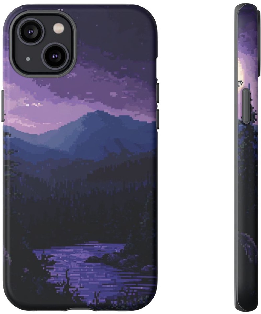 Pixel Art Nachtlandschap met Maan en Rivier – Telefoonhoesje Geschikt voor iPhone 14 Plus