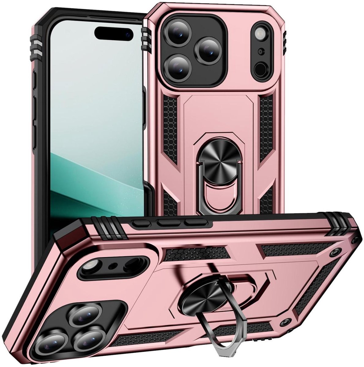 Mobigear Hoesje geschikt voor Apple iPhone 17 Pro Telefoonhoesje Hardcase | Mobigear Armor Ring Backcover Shockproof met Ringhouder | Schokbestendig iPhone 17 Pro Telefoonhoesje | Anti Shock Proof - Roségoud