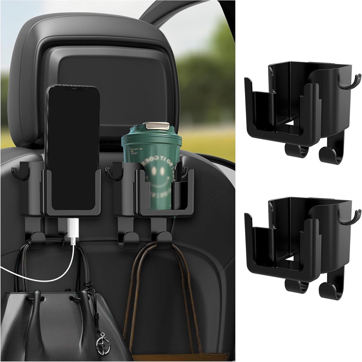 Image of 2 stuks multifunctionele autobekerhouder + autotelefoonhouder + autotashaak, hangende achterbank auto-organizer met hoofdsteunhaken, universele auto-organizer auto-accessoires interieur