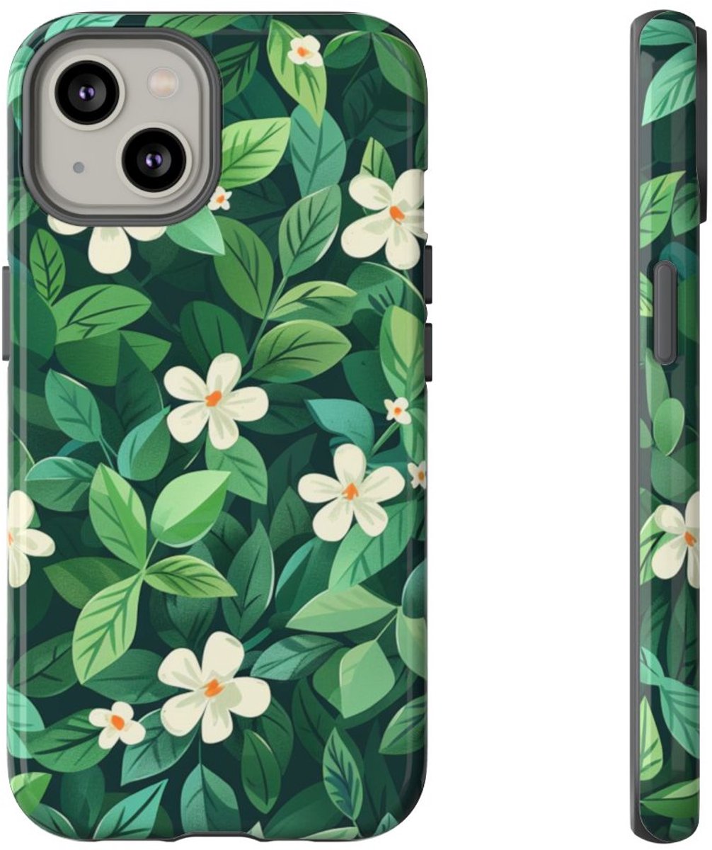 Groene Bladeren en Witte Bloemenpatroon – Telefoonhoesje Geschikt voor iPhone 14
