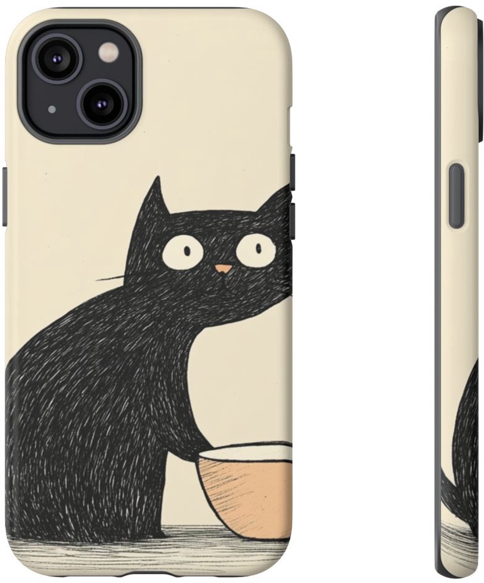 Zwarte Kat met Kom Illustratie – Telefoonhoesje Geschikt voor iPhone 14 Plus