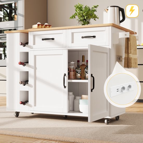 Îlot de cuisine, desserte équipée de prises électriques, meuble de cuisine, desserte amovible avec casier à vin, buffet, desserte avec veinure de bois, buffet, blanc