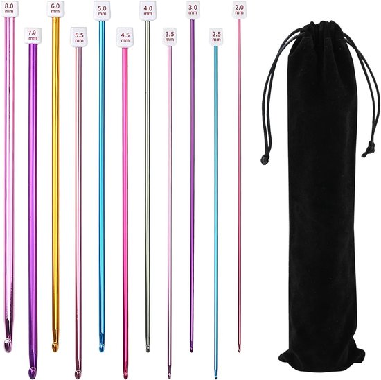 Tunesische Haaknaaldenset – 12 Maten 3-10 Mm, Met Kabels En Opbergtas – Aluminium, Kleurrijk