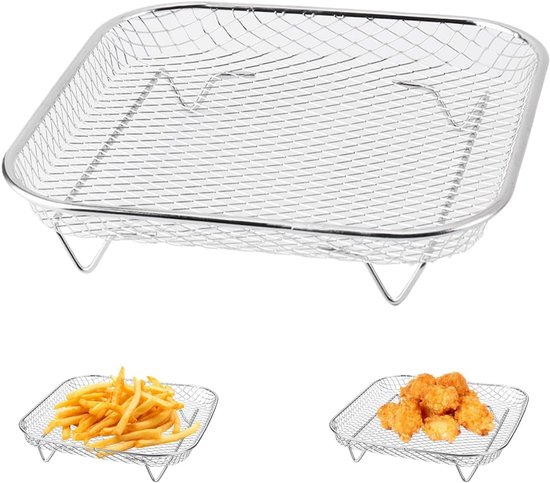 304 RVS airfryerrek - 20,4 cm koven voor heteluchtfriteuse - vierkant airfryer-rooster - stapelbaar rek voor heteluchtfriteuses met een inhoud van meer dan 5,5 l en accessoires