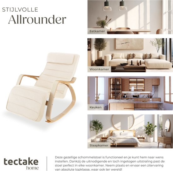 Crèmekleurige schommelstoel met houten frame in een woonkamer, met afbeeldingen van eetkamer, keuken en slaapkamer. Tekst: STIJLVOLLE Allrounder.