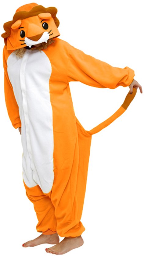 KIMU Onesie Oranje Leeuw Koningsdag Pak - Maat M-L - Leeuwenpak Kostuum EK WK Holland 170 176 - Zacht Fleece Pyjama Jumpsuit Huispak Dames Heren Halloween